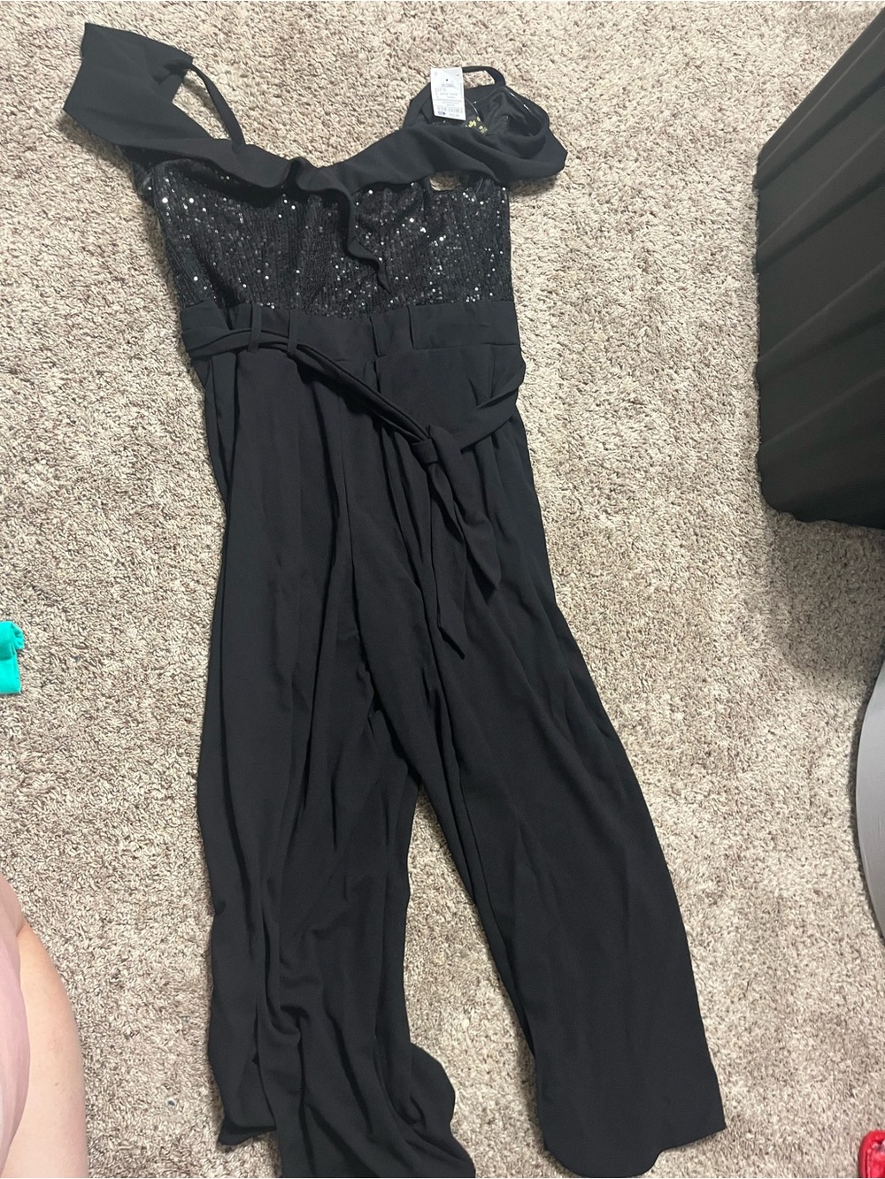 Black off Shoulder Sequin-Bodice Jumpsuit with Belt, dressy comfortable